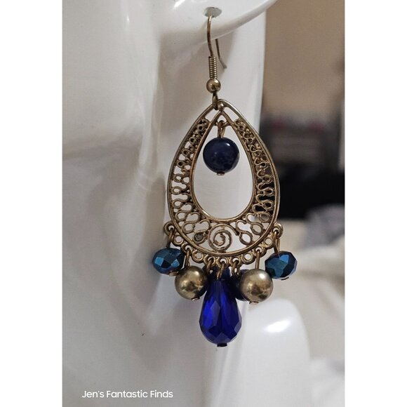 Vintage Style Teardrop Earrings With Blue & Gold Beads - Picture 3 of 4